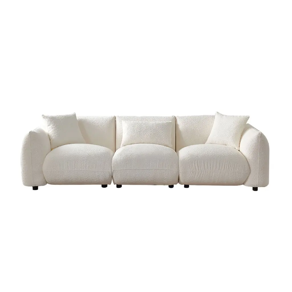 Mid Century Modern Beige 3-Seater Sofa Lambswool Fabric Cozy Living Room Ponnky