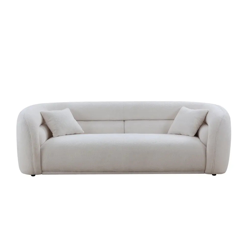 Mid Century Modern White 3-Seat Curved Boucle Sofa Recessed Base Ponnky