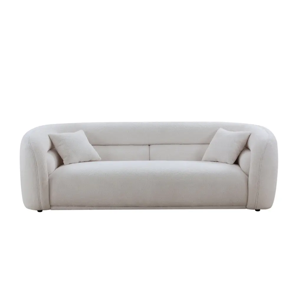 White 3-Seat Curved Boucle Fabric Sofa Mid Century Modern Style Living Rooms Ponnky