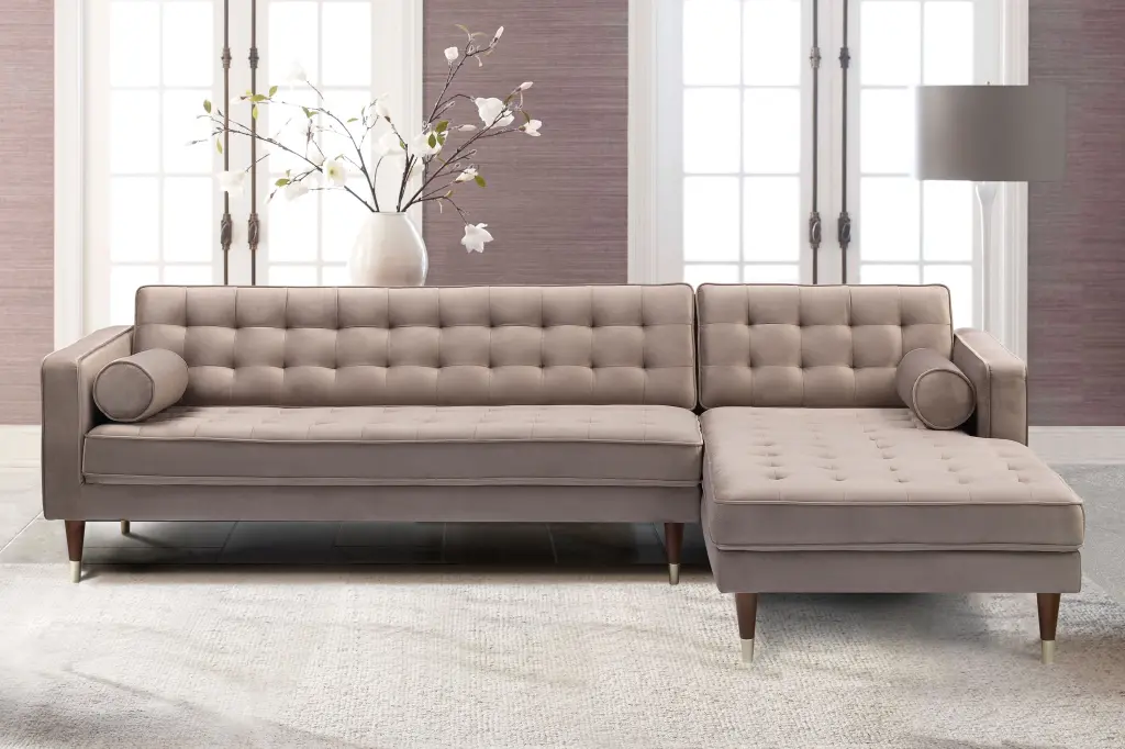 Taupe Velvet Mid Century Right Sectional Sofa Modern Living Room Armen Living