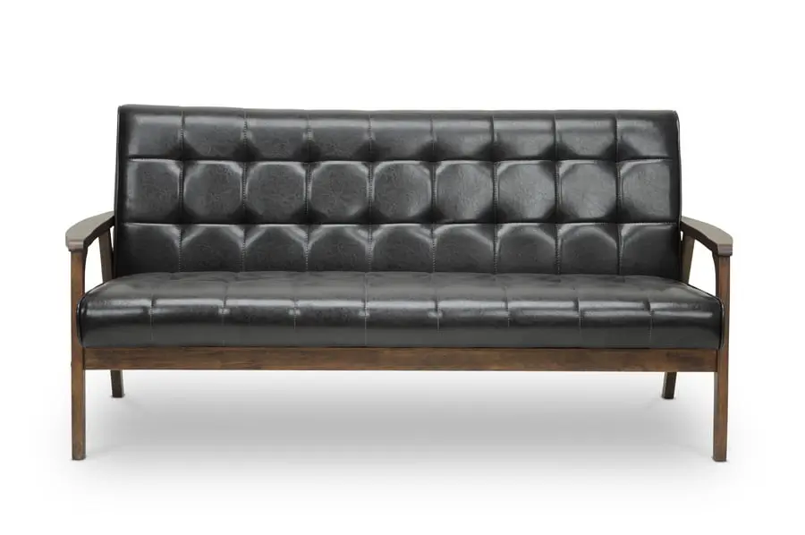 Mid Century Faux Leather Sofa Brown - Retro Modern Living Room Couch Baxton Studio