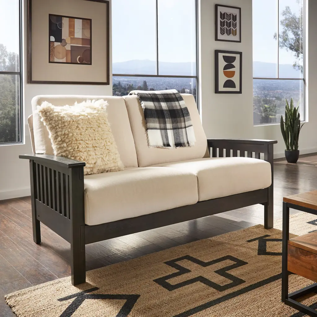 Weston Home Warner Mission-Style Wood 2 Seat Loveseat Beige Linen Dark Grey Finish