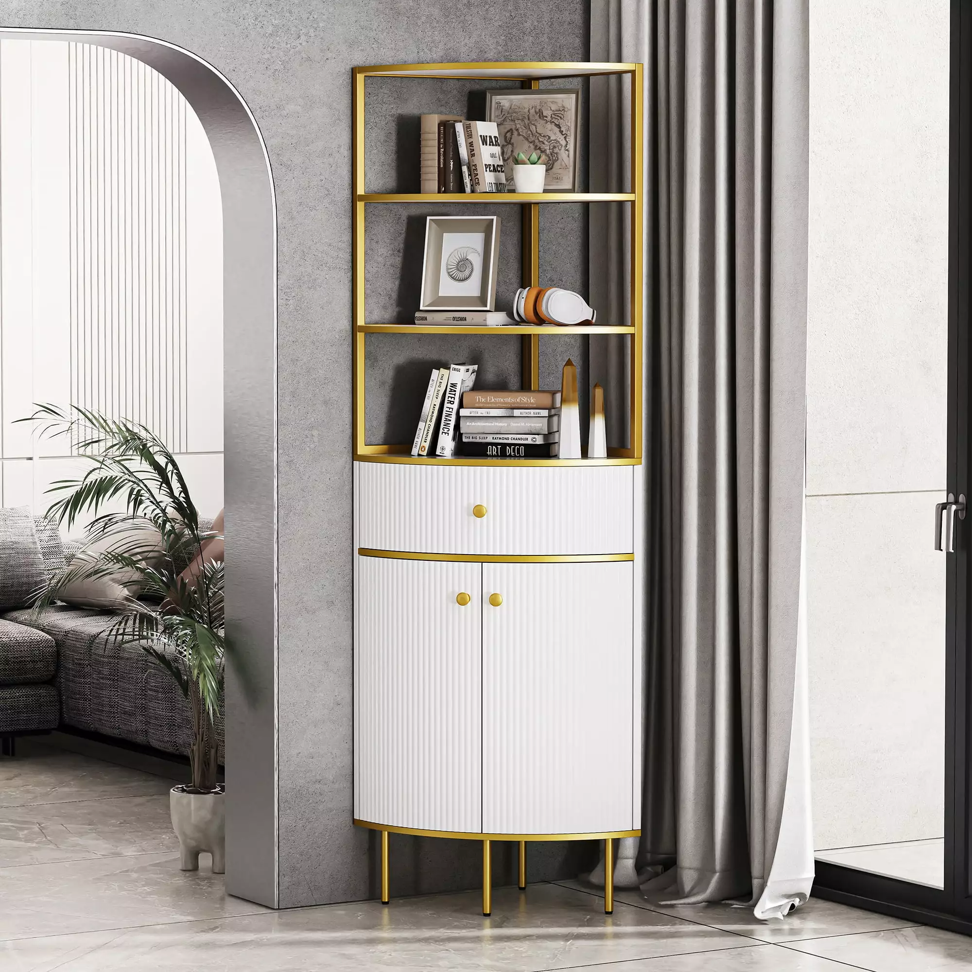 Ufurpie 74.8 Tall Modern Corner Bookshelf Fan-Shaped Drawer and Doors