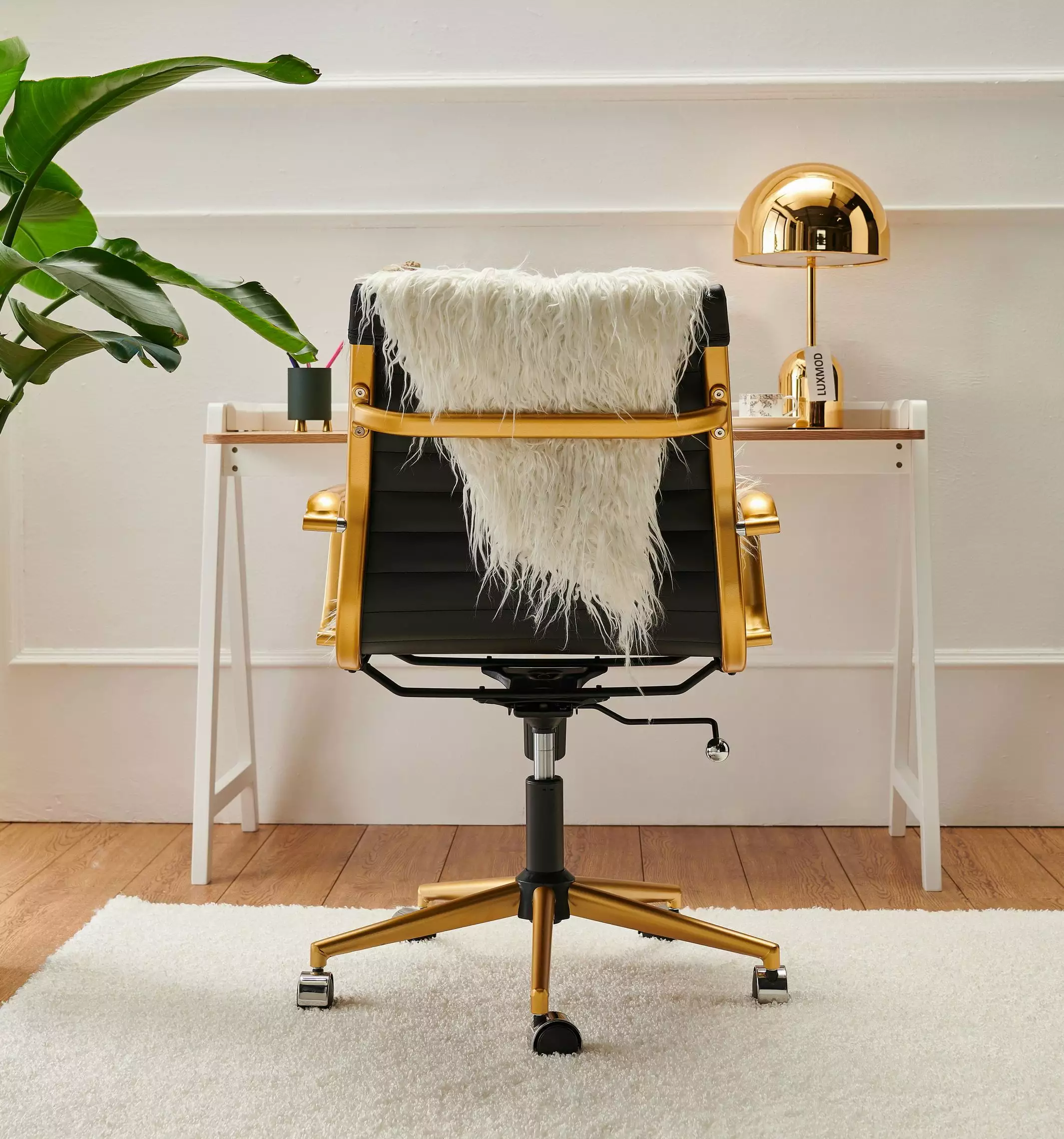 LUXMOD Gold Office Chair Black Leather. Mid Back Office Chair Armrest. Black and Gold Ergonomic Desk Chair Back Support. M...