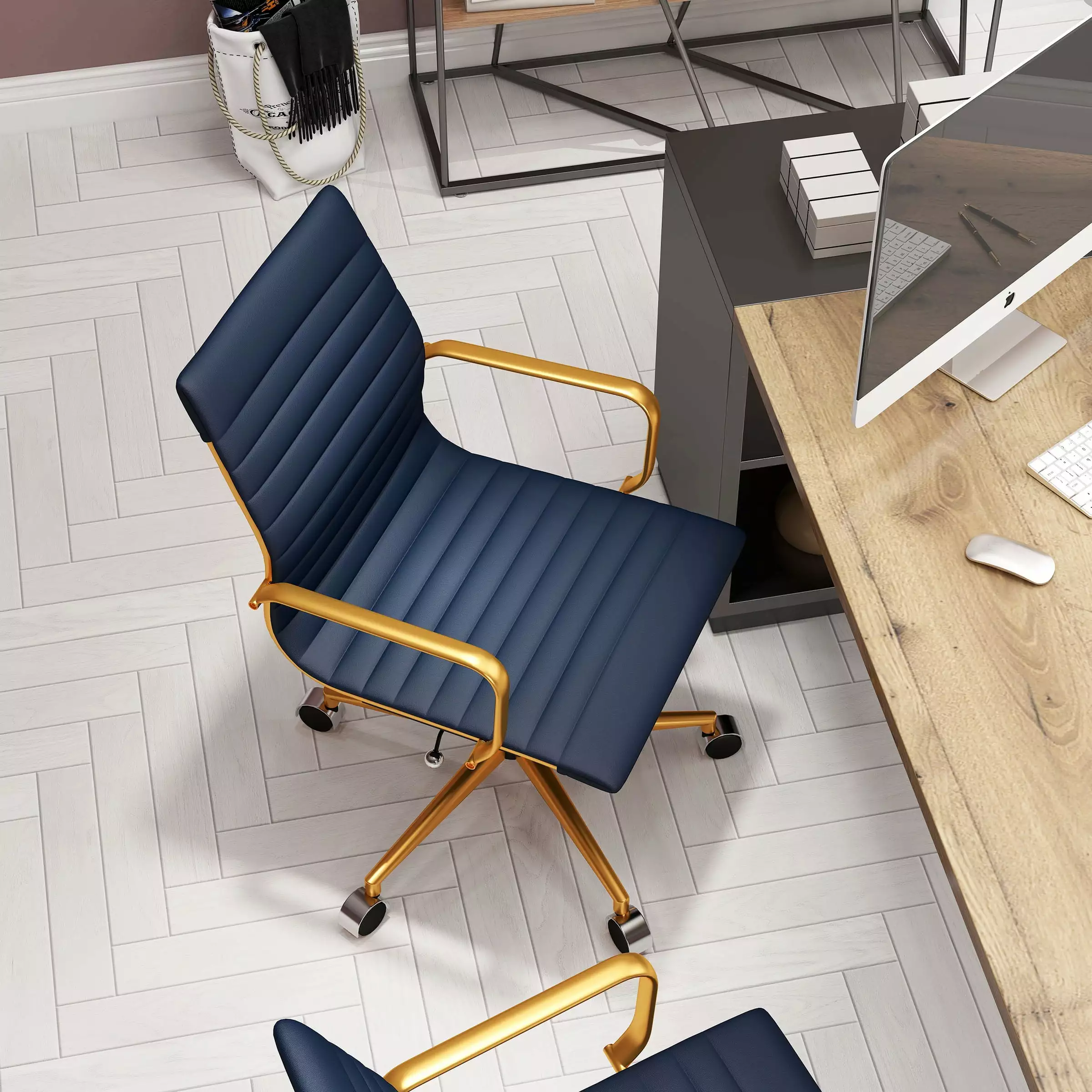 LUXMOD Mid Back Gold Office Chair Blue Vegan Leather - Ergonomic Desk Chair Lumbar Support