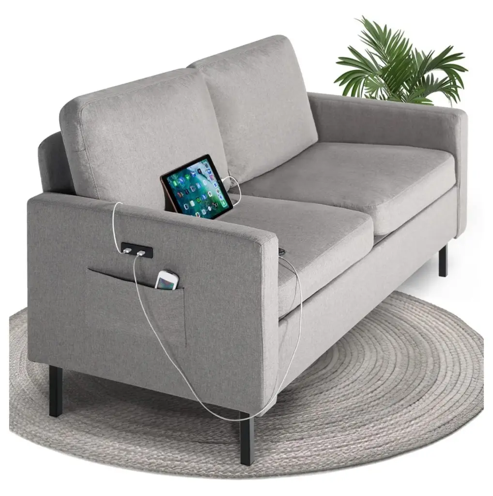 TiaGOC 56 W Fabric Loveseat Sofa 2 USB Ports Comfy Cushion Light Grey