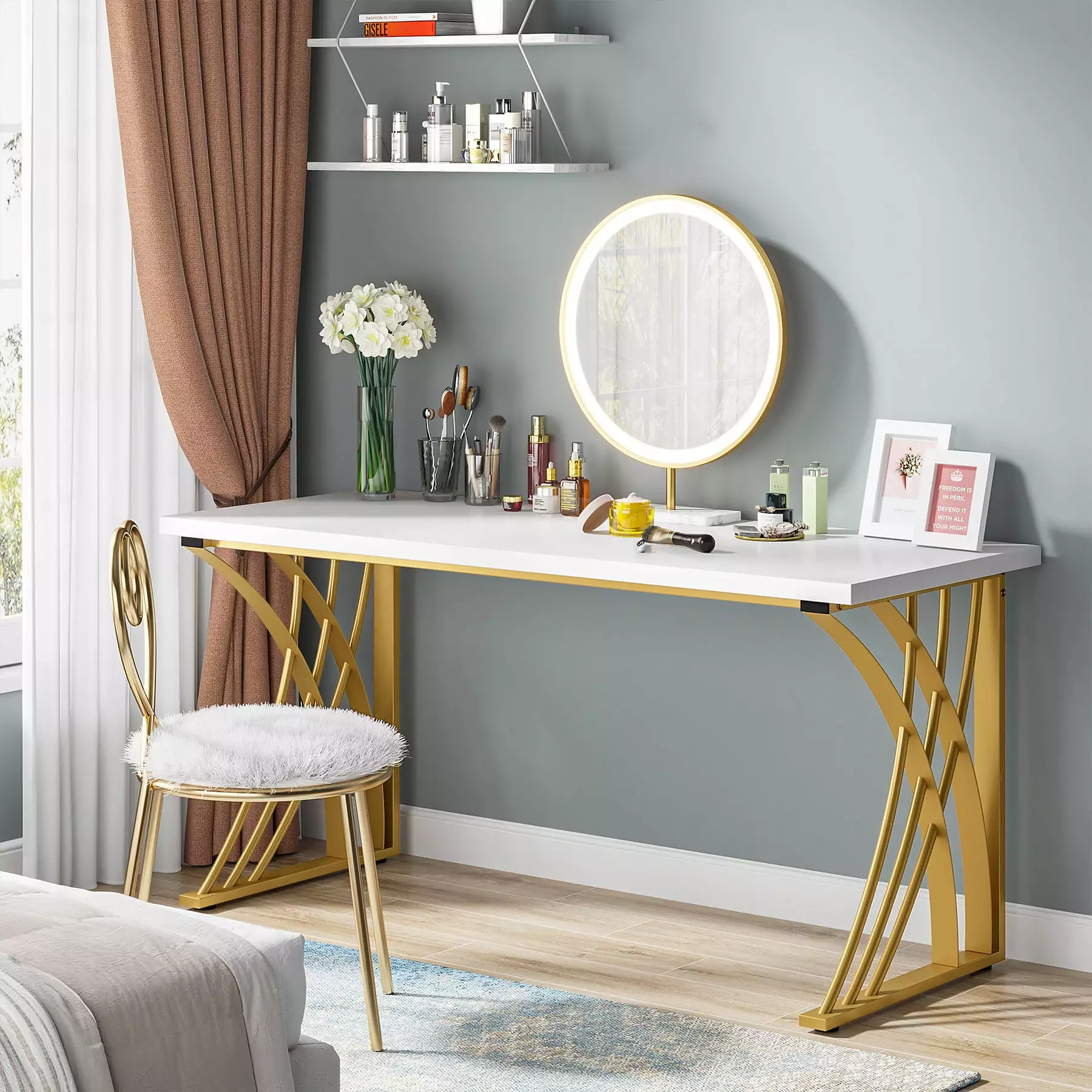 55 Inch Modern Simple Style Computer Desk Study Laptop PC Table Gold Legs Industrial Makeup Vanity Table Tribesigns