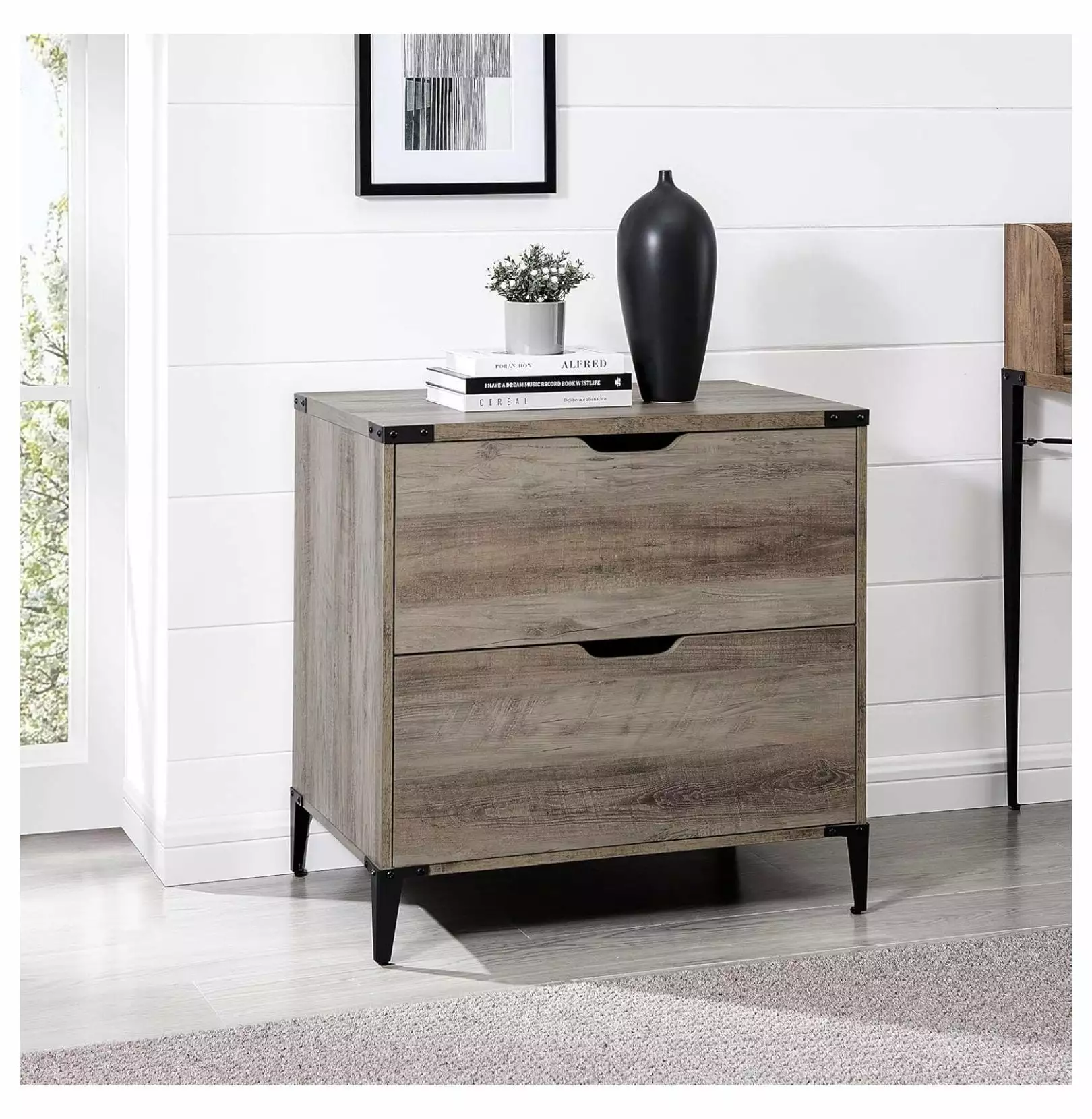 DazzAura Harrison Modern Farmhouse Angle Iron Filing Cabinet Two Drawers 30 Inch Grey Wash