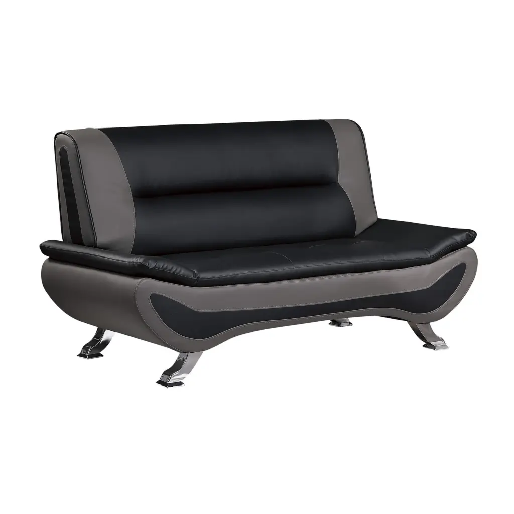 Benjara Elle 64 Inch Black Gray Faux Leather Loveseat Metal Legs