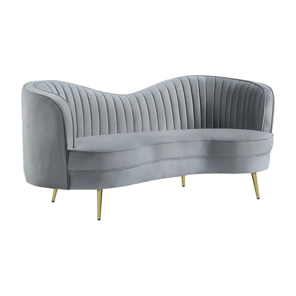 BenJara Enzo 74 Inch Modern Loveseat Gray and Gold - Channel Tufted Kidney Shape Sofa