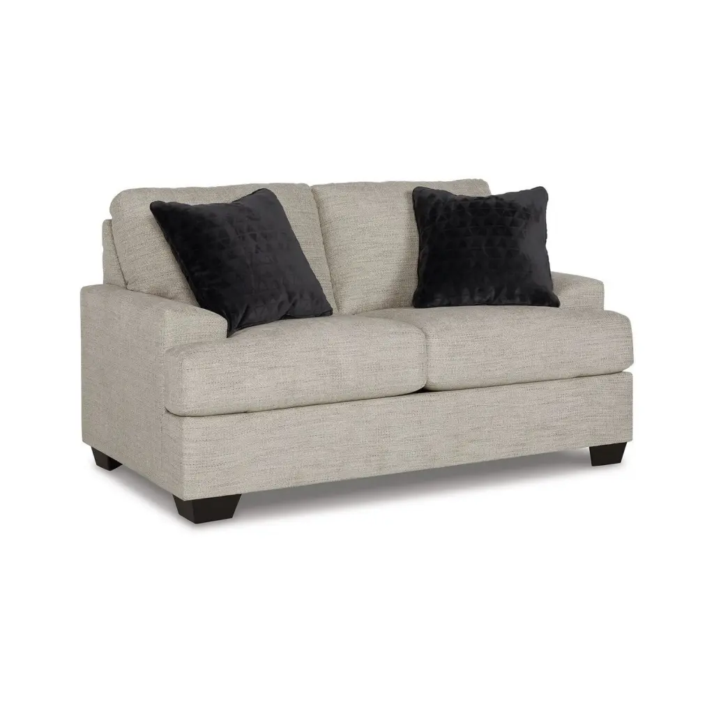 Benjara 63 Inch Polyester Loveseat 2 Throw Pillows - Light Gray Angular Arms Sofa