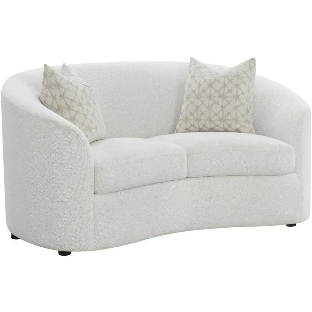 Tia 66 Inch Modern Curved Loveseat 2 Throw Pillows Cream Boucle Fabric Benjara