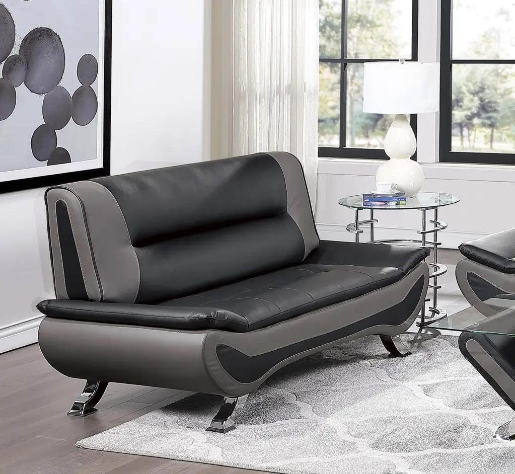 DeeHome Modern Black and Gray PU Loveseat Chrome Metal Legs