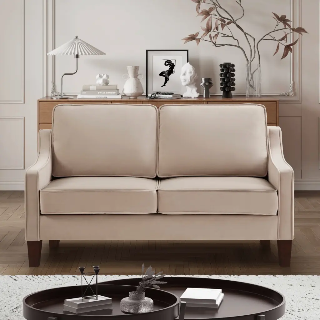 DeeHome Modern Velvet Loveseat Sofa Wooden Legs Taupe