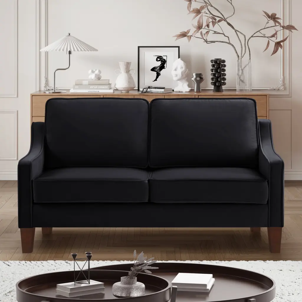 DeeHome Modern Velvet Loveseat Sofa Wooden Legs Black