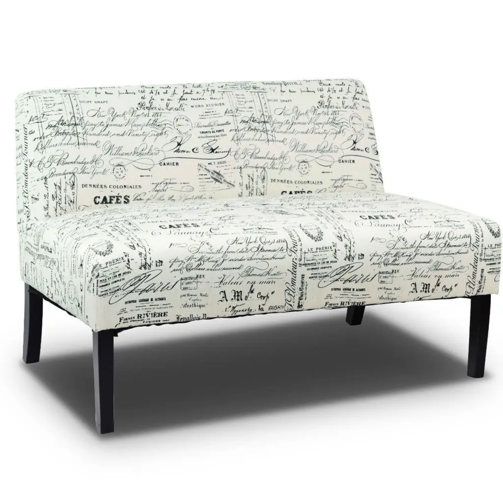 Modern Loveseat Sofa Off-White Cursive Pattern Upholstery and Black Wood Legs Generic