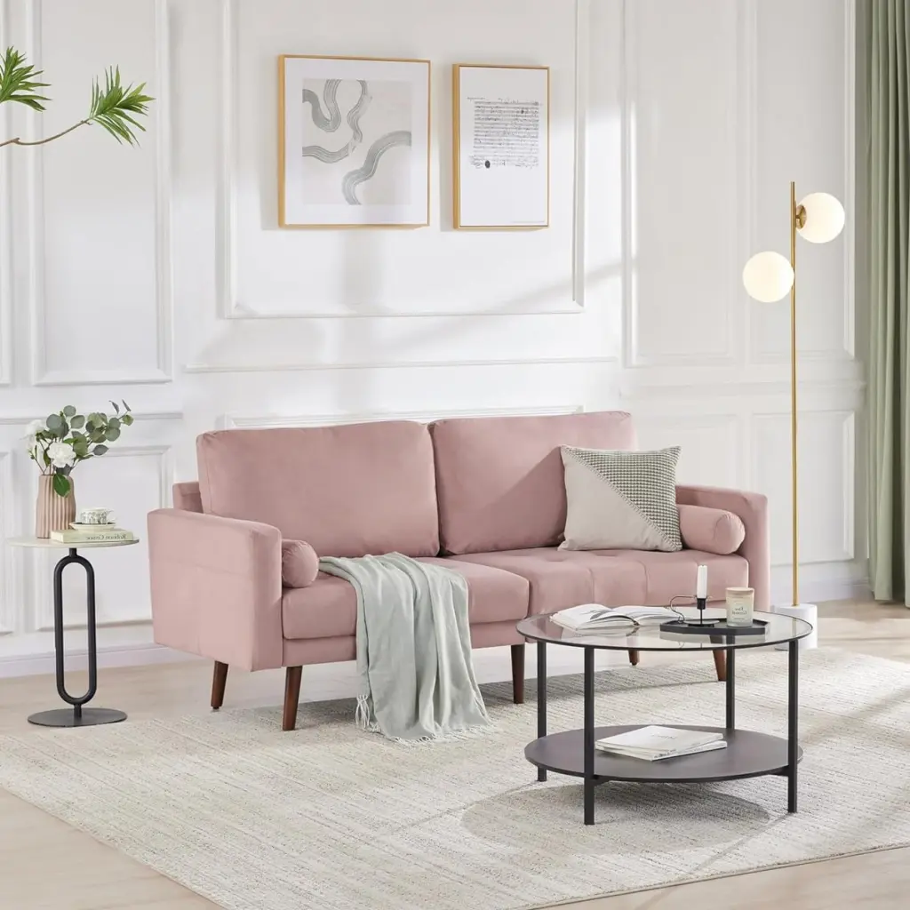 74 Inch Modern Velvet Love Seat Sofa Mid Century Couch Storage Bag Pink Tool-Free Assembly JAMPOOCA