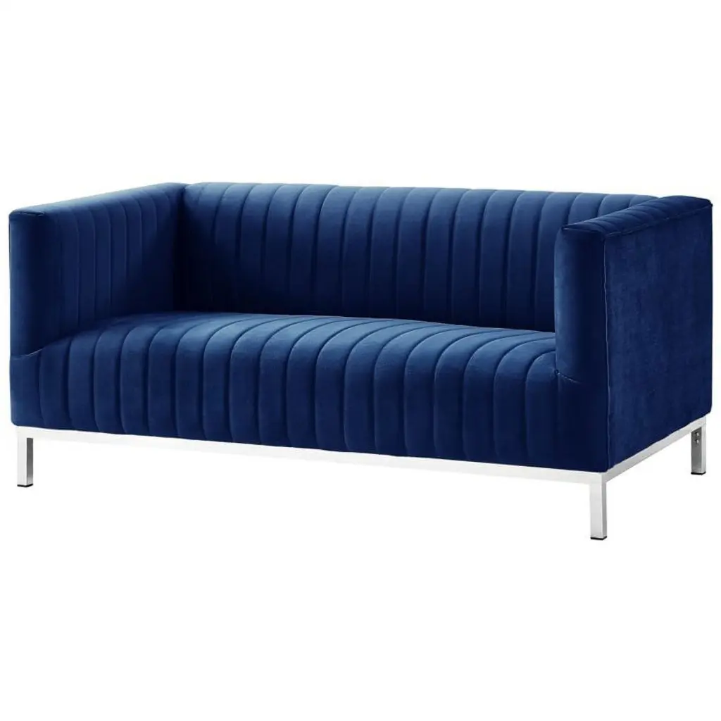 Maklaine Velvet Tuxedo Loveseat Y-Metal Base Navy Blue Chrome Modern Living Room Furniture