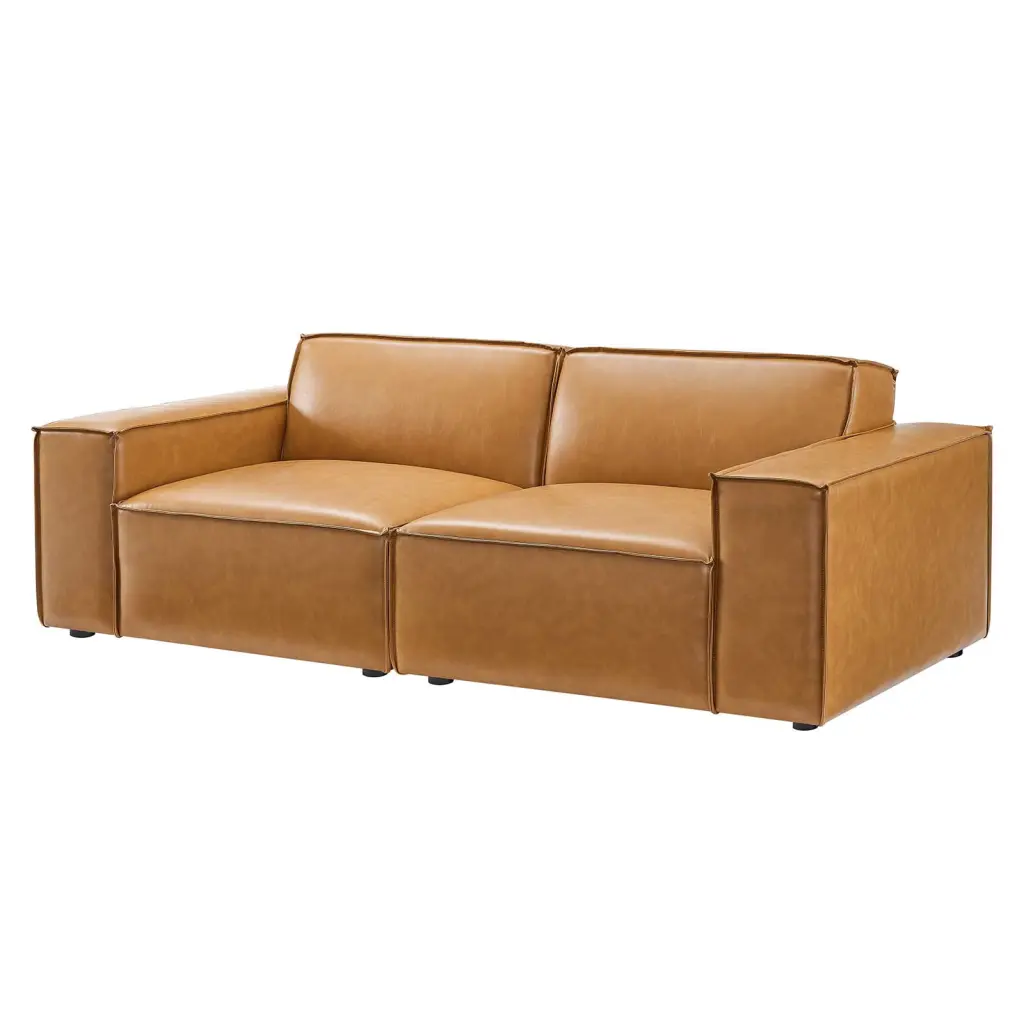 Modern Tan Faux Vegan Leather Loveseat - Contemporary Urban Design Lounge