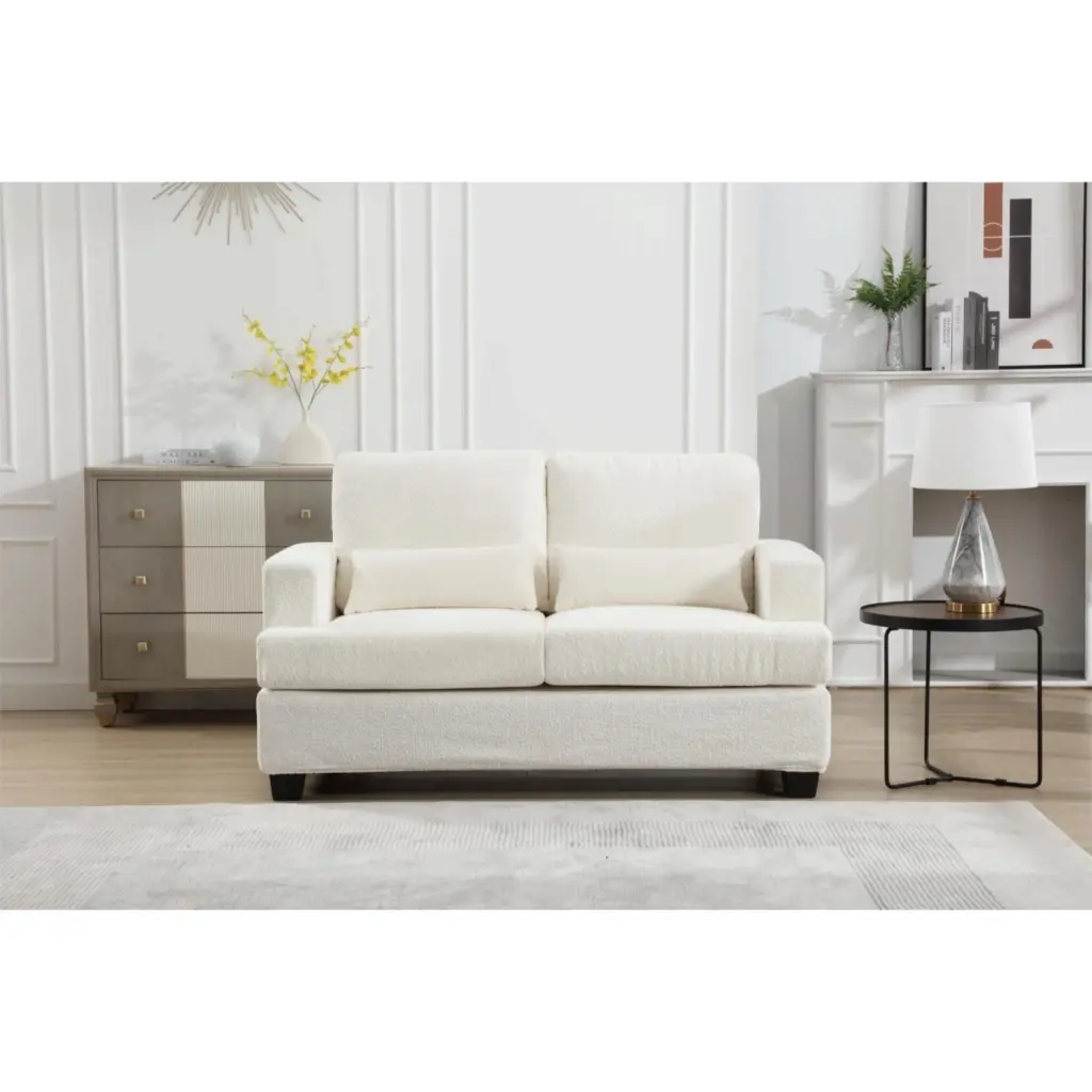 63 Length Modern Loveseat White & Gray Fabric Removable Back Cushion and Waist Pillows Ponnky