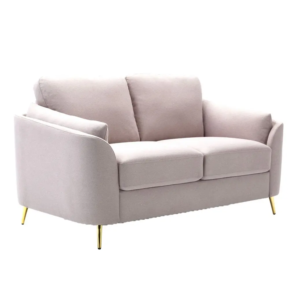 Jace 60 Inch Loveseat Beige Polyester Gold Metal Legs and Loose Pillow Back Saltoro Sherpi