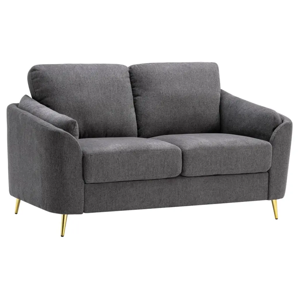Jace 60 Inch Loveseat Dark Gray Polyester Gold Metal Legs and Pillow Back Saltoro Sherpi