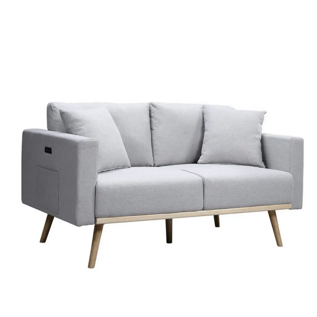 Mico 57 Inch Modern Loveseat USB Ports and Side Pocket - Light Gray Fabric Saltoro Sherpi