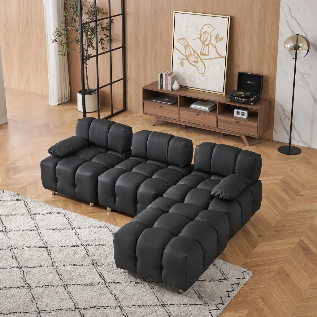 Gexpusm 90 Inch Modern Black Tech Fabric Sectional Sofa Stain Resistant Metal Feet