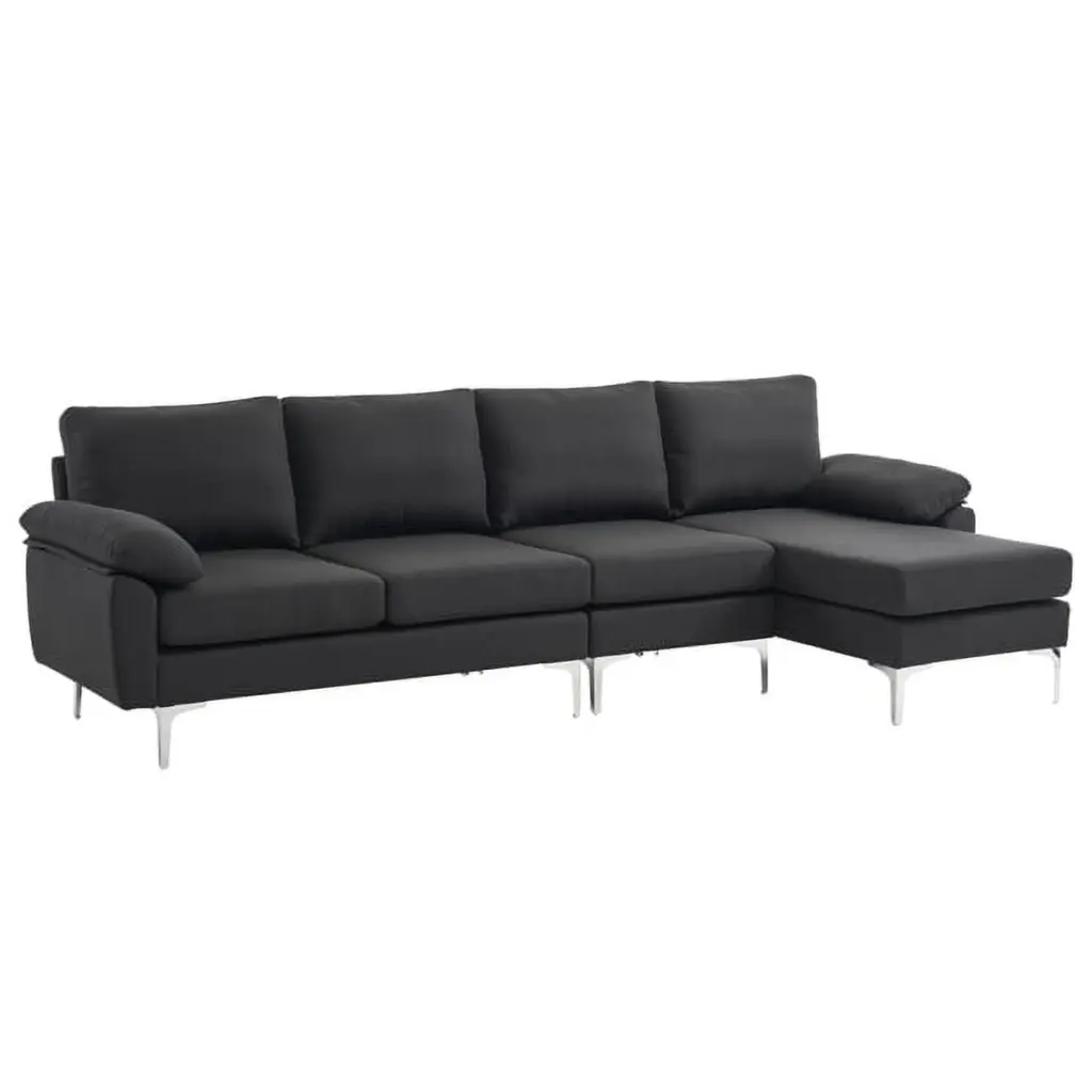280cm L-Shaped Glossy Black 4-Seater Modular Sofa Iron Legs Indoor Use