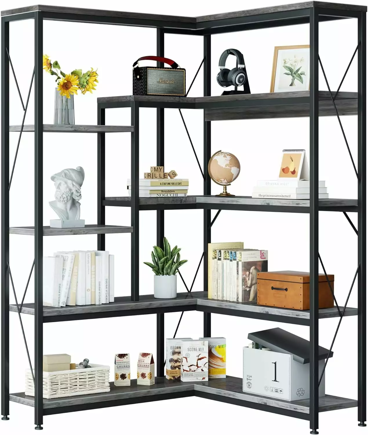 DONFU 5-Tier L-Shaped Corner Bookcase Grey Living Room and Home Office