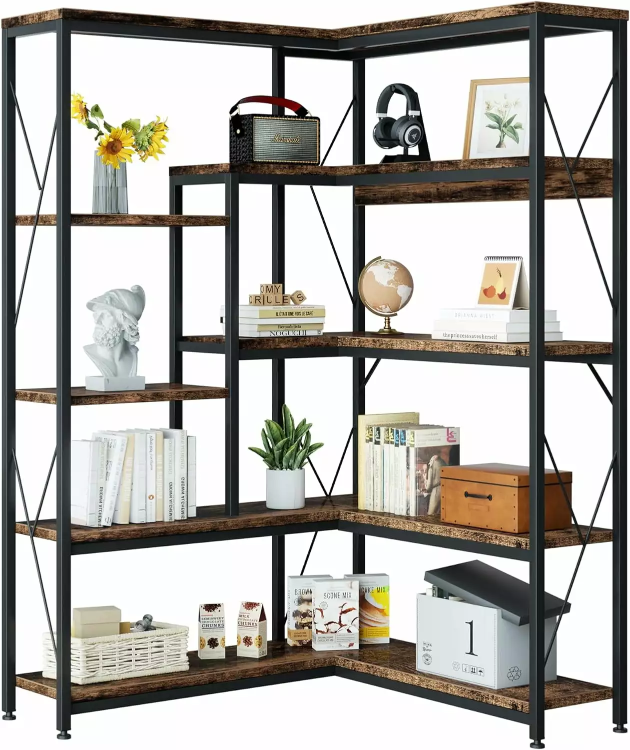 DONFU 5-Tier L-Shaped Corner Bookcase Rustic Brown Living Room and Home Office