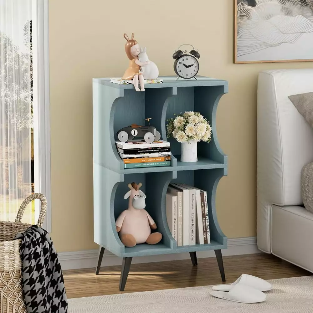 MIDODO 4 Cube Bookshelf Wooden Open Small Book Shelf 2 Tier Circle Arc Storage