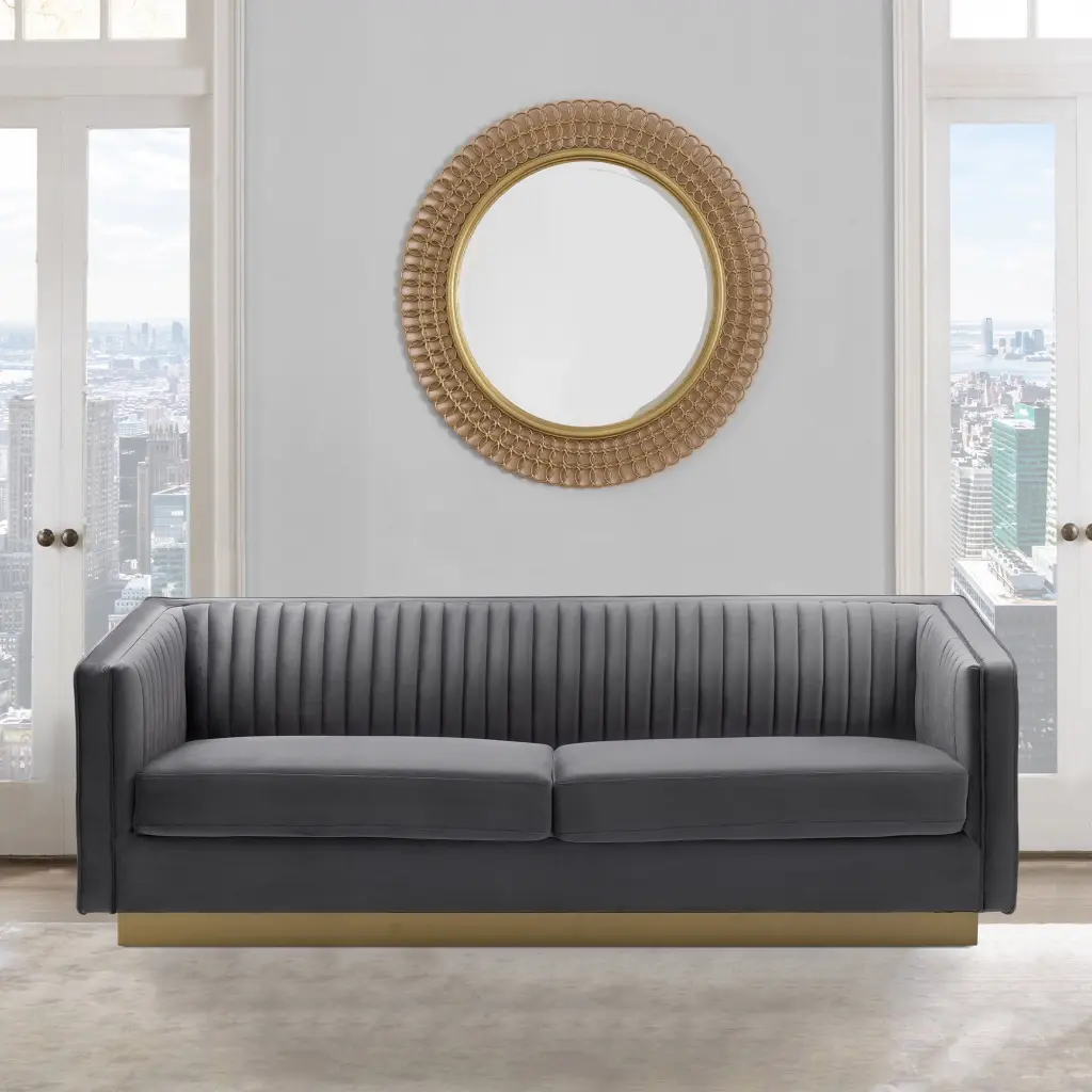 Miranda Dark Grey Velvet Gold Sofa Channel Upholstery Modern Couch Armen Living