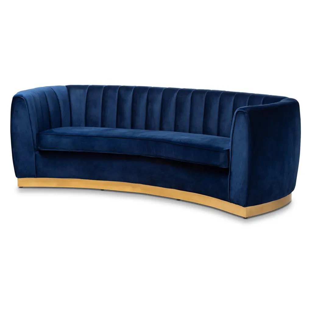 Baxton Studio Milena Upholstered Velvet Wood Sofa Royal Blue Gold