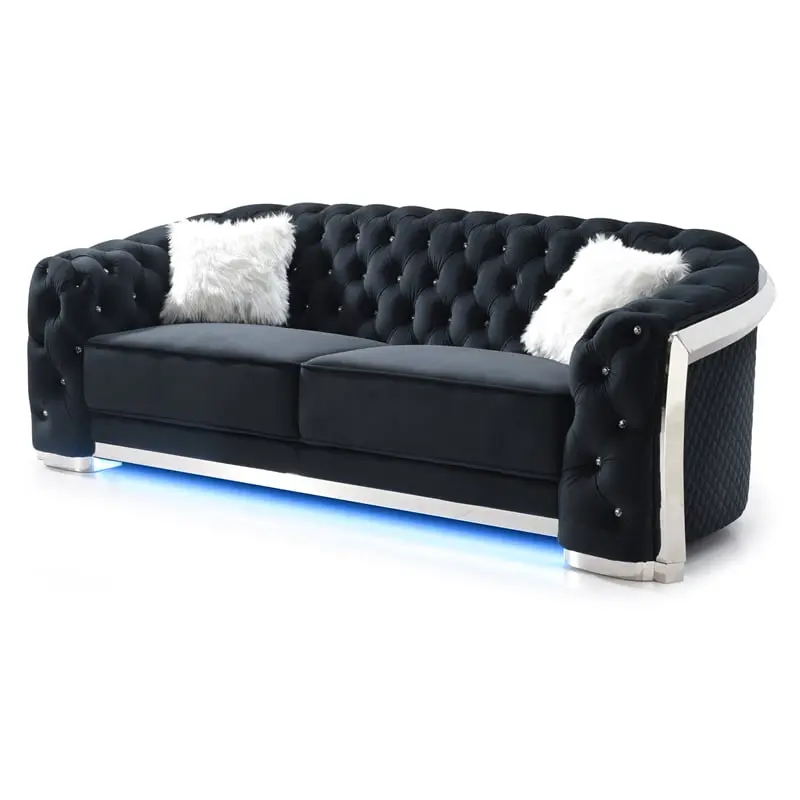 Bowery Hill Modern Black Velvet Sofa LED Lighting Contemporary Style
