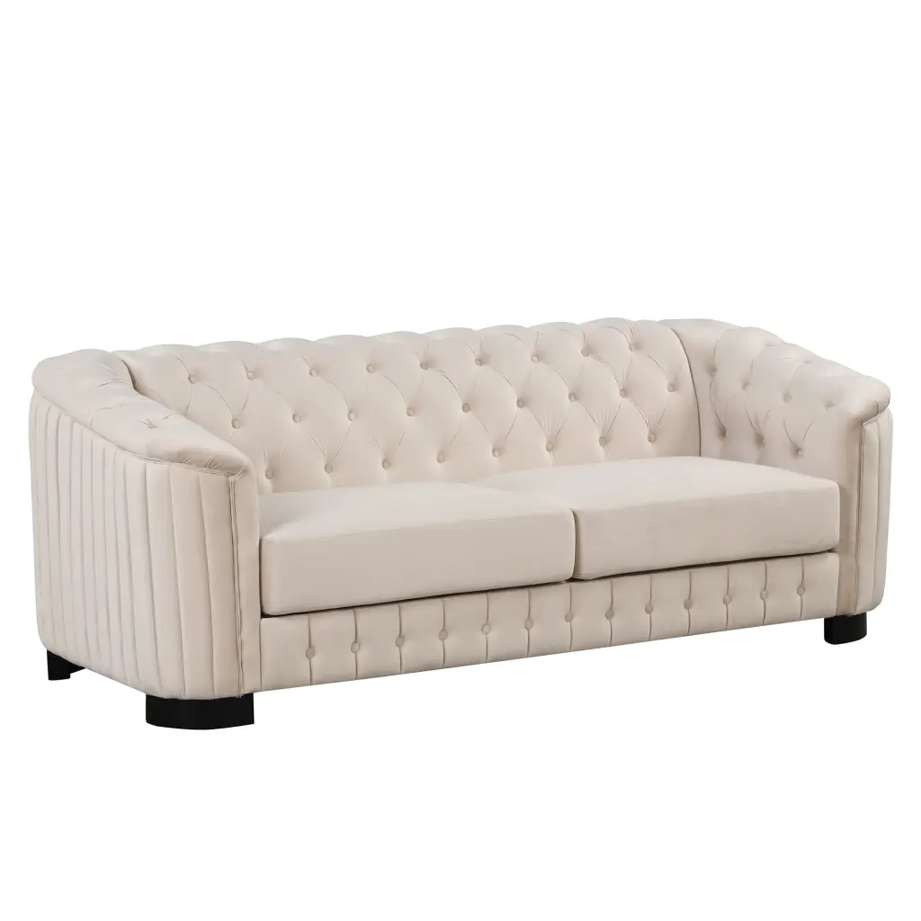 82 Mid Century Modern Sofa Rubber Wood Legs Velvet Upholstered Thick Removable Seat Cushion 3 Seater Beige CNCJ