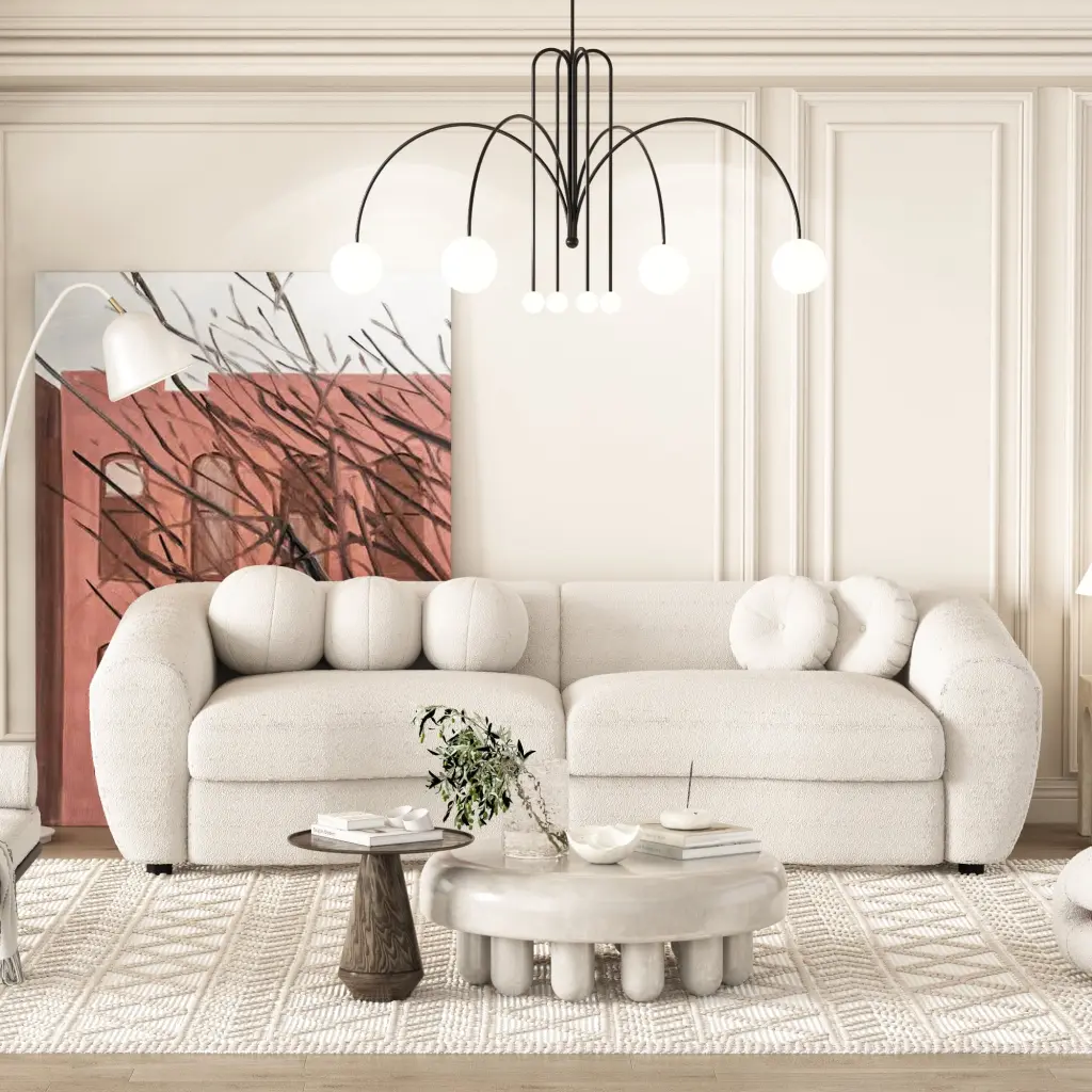 CoSoTower 87.7 Modern Curved Sofa Teddy Fabric Couch 5 Decorative Pillows