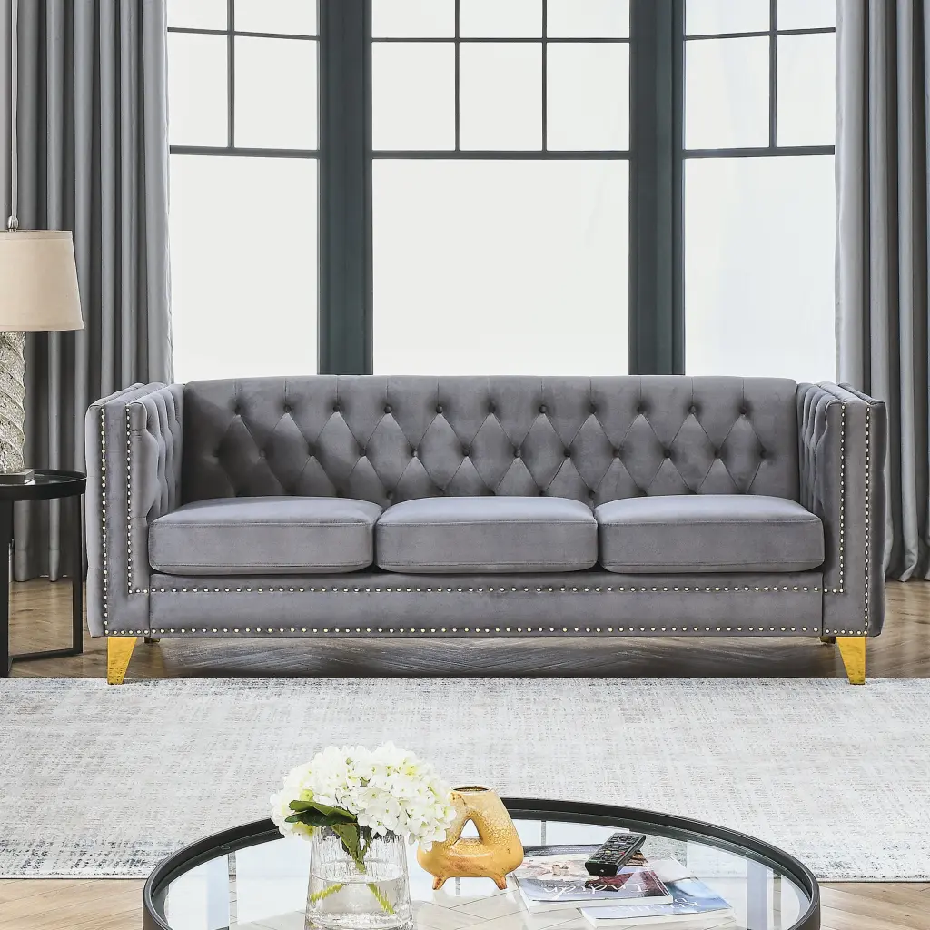 CoSoTower Velvet Sofa Buttons Tufted Square Arm and Metal Legs Living Room Grey