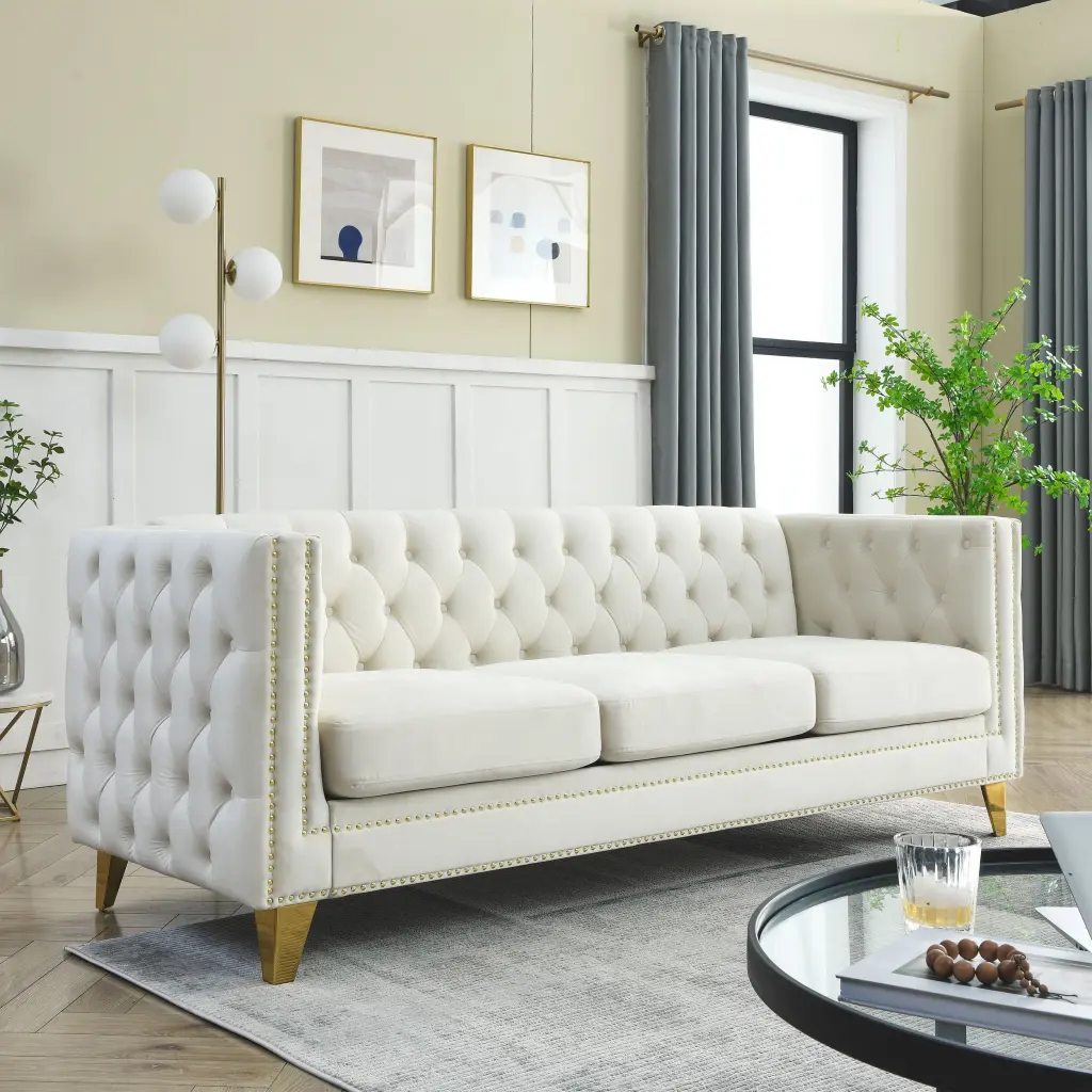 CoSoTower Velvet Sofa Buttons Tufted Square Arm and Metal Legs Living Room Beige