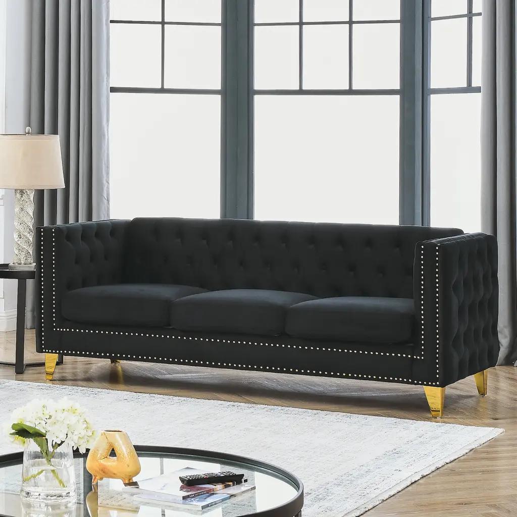CoSoTower Velvet Sofa Buttons Tufted Square Arm and Metal Legs Living Room Black