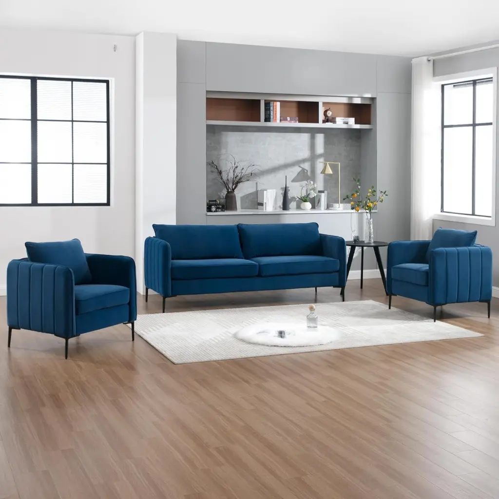 DecoraFlex Modern 85 Inch Blue Velvet Sofa Couch Upholstered Cushions Living Room or Office