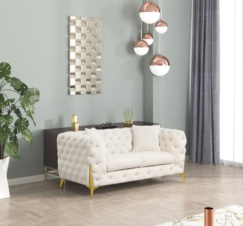 DeeHome Contempo Modern Cream Wood Loveseat Living Room