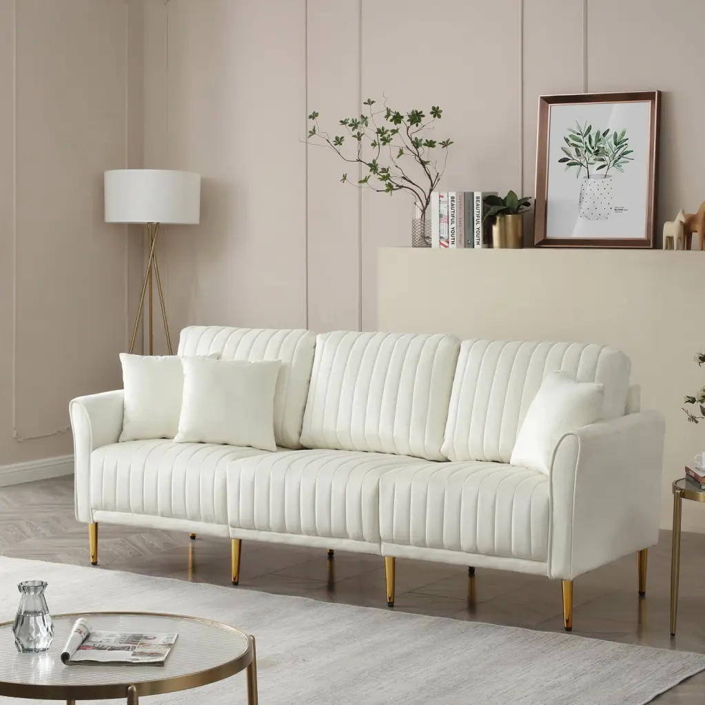 Contemporary Cream Velvet Upholstered 3 Seater Sofa Deep Channel Tufting Gold Metal Legs Accent Modern Living Room Lounge ...