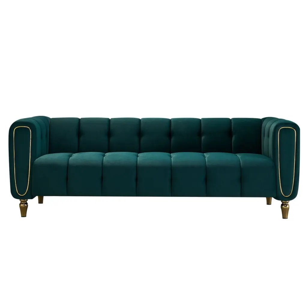 Modern Green Velvet Sofa 83.07 Inch Tufted Golden Strip Accents Vintage Vibe HATNOKIL