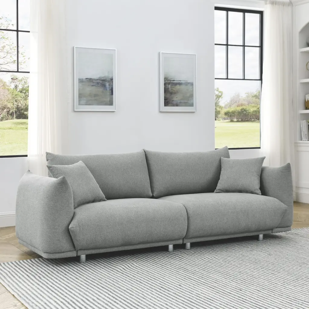 Modern Living Room Couch 90.5 Solid Wood Frame Metal Legs Comfortable Sofa 2 Pillows Ideal Apartment Living Durable Gray F...