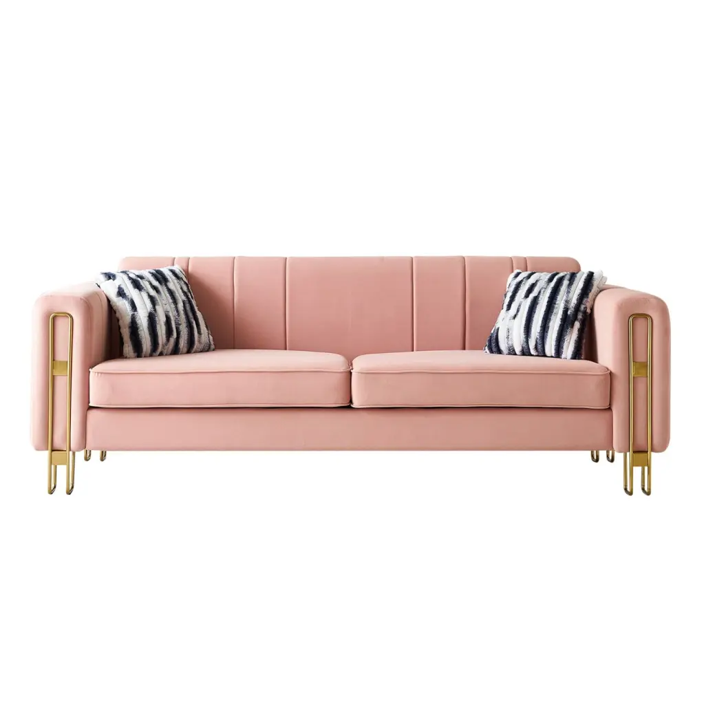Plush Blush Pink Velvet Modern Sofa 85.04 Inch Gold Legs Foam-Filled Comfort HATNOKIL