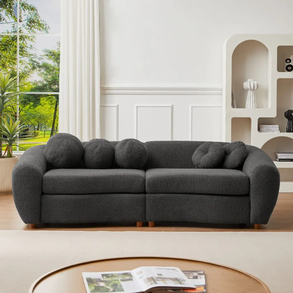 U-Style 87.7 Modern Curved Teddy Fabric Sofa 5 Decorative Pillows Jamini