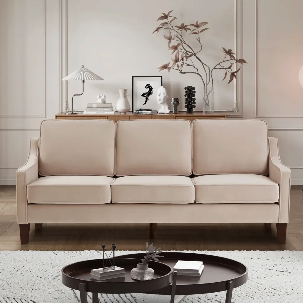 Upholstered Velvet 3-Seat Sofa Removable Cushions Living Room or Bedroom Taupe JUHOO