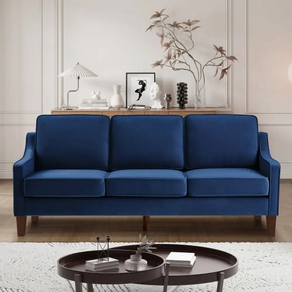 Upholstered Velvet 3-Seat Sofa Removable Cushions Living Room or Bedroom Navy JUHOO