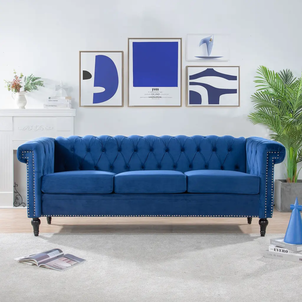 Kadyn 83.66 Inch Removable Cushion 3 Seater Sofa Fabric Square Arm Sofa Couch Silver Studs Trim Blue Upholstered Sofa Livi...